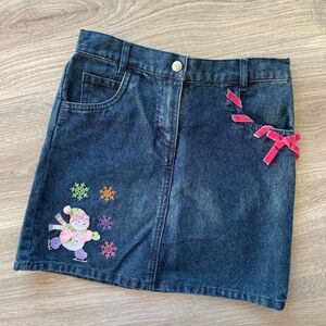 Talbots Girls 7 Blue & Pink Denim Skirt Snowman Ice Skating Kidcore Y2K Retro